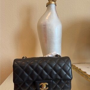 Classic mini caviar rectangular Quilted Black Leather Shoulder Bag with Gold he